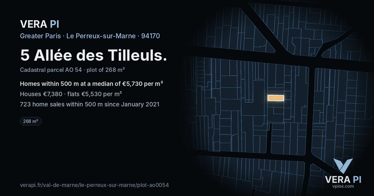 5 Allée des Tilleuls, Le Perreux-sur-Marne at night – the plot lit, the parcels around coloured by the prices near them