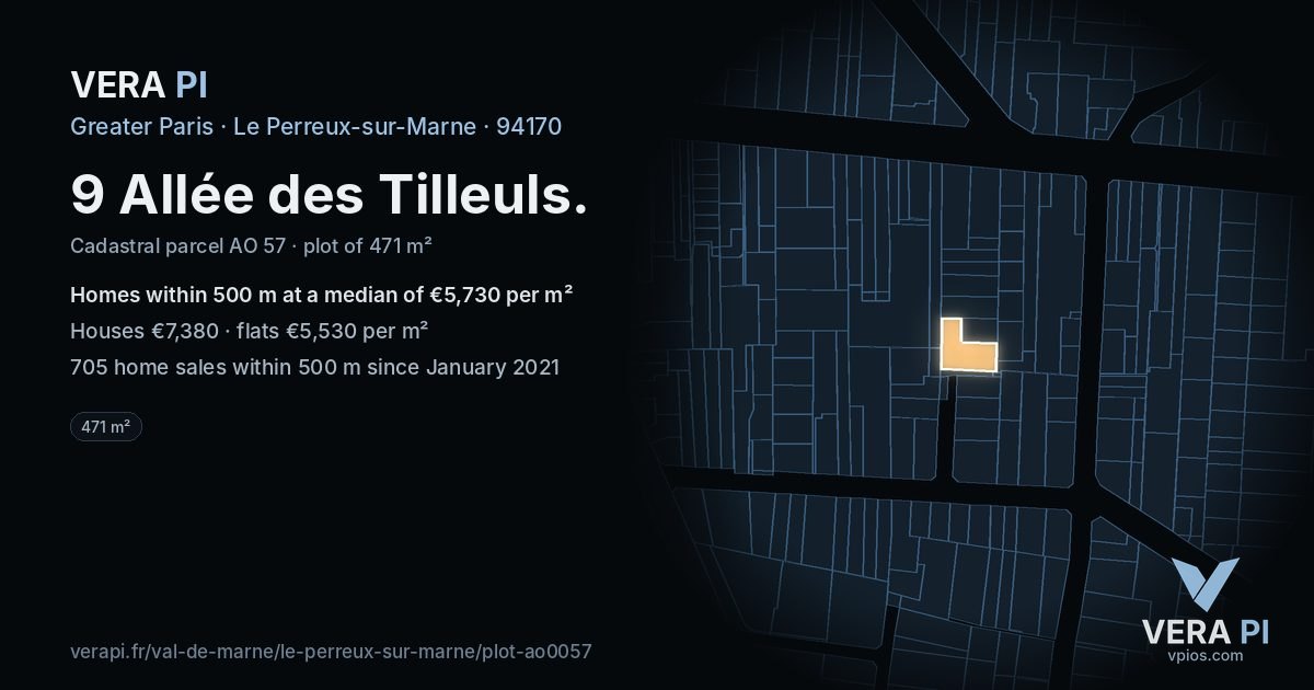 9 Allée des Tilleuls, Le Perreux-sur-Marne at night – the plot lit, the parcels around coloured by the prices near them