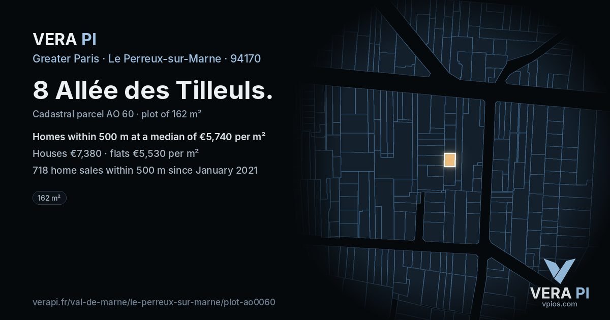 8 Allée des Tilleuls, Le Perreux-sur-Marne at night – the plot lit, the parcels around coloured by the prices near them
