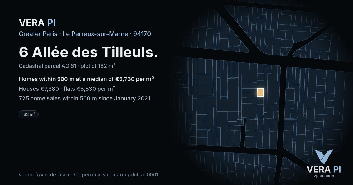 6 Allée des Tilleuls, Le Perreux-sur-Marne at night – the plot lit, the parcels around coloured by the prices near them