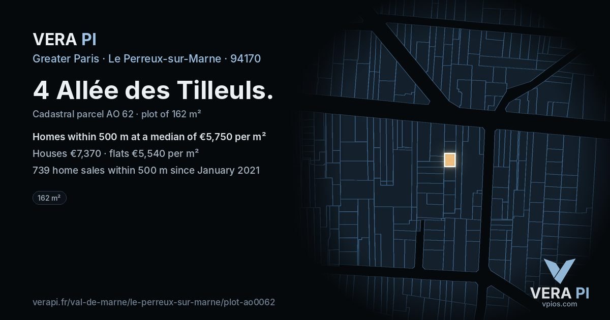 4 Allée des Tilleuls, Le Perreux-sur-Marne at night – the plot lit, the parcels around coloured by the prices near them