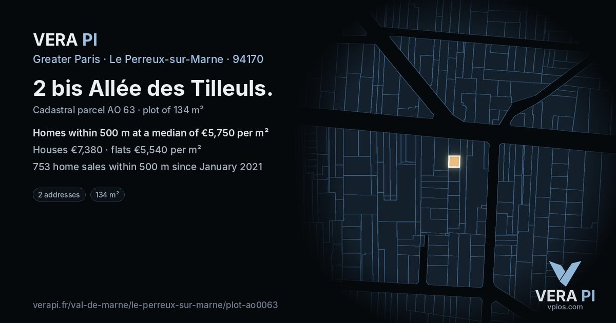 2 bis Allée des Tilleuls, Le Perreux-sur-Marne at night – the plot lit, the parcels around coloured by the prices near them