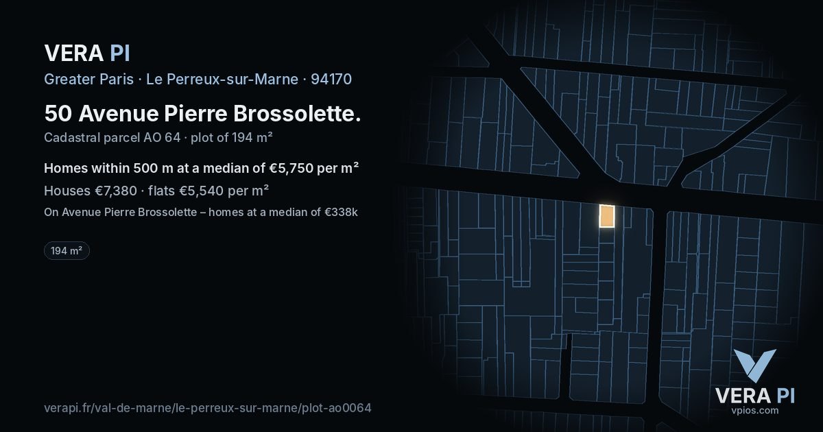 50 Avenue Pierre Brossolette, Le Perreux-sur-Marne at night – the plot lit, the parcels around coloured by the prices near them