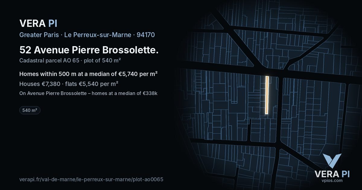 52 Avenue Pierre Brossolette, Le Perreux-sur-Marne at night – the plot lit, the parcels around coloured by the prices near them
