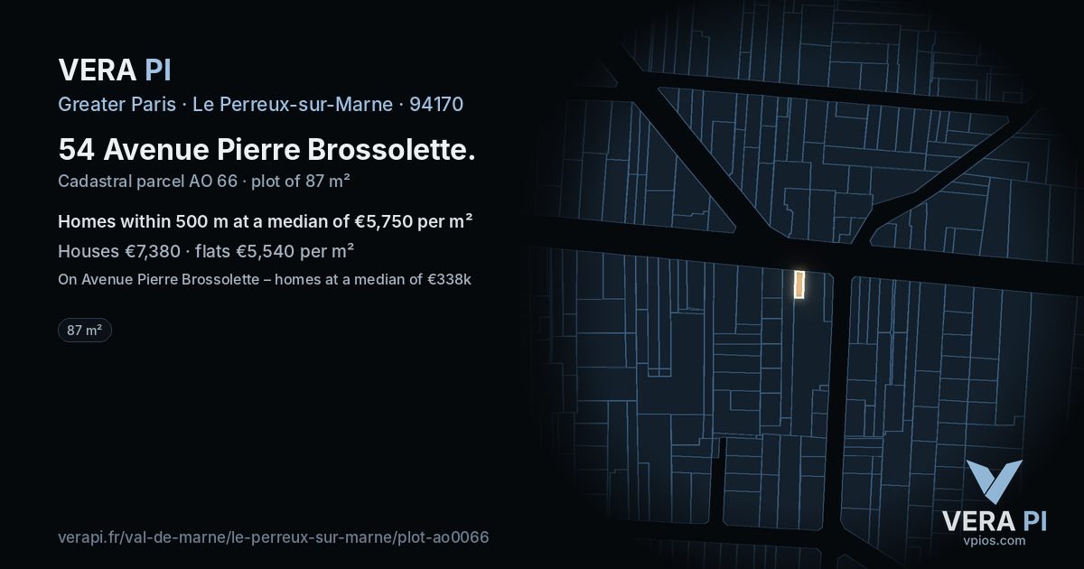 54 Avenue Pierre Brossolette, Le Perreux-sur-Marne at night – the plot lit, the parcels around coloured by the prices near them