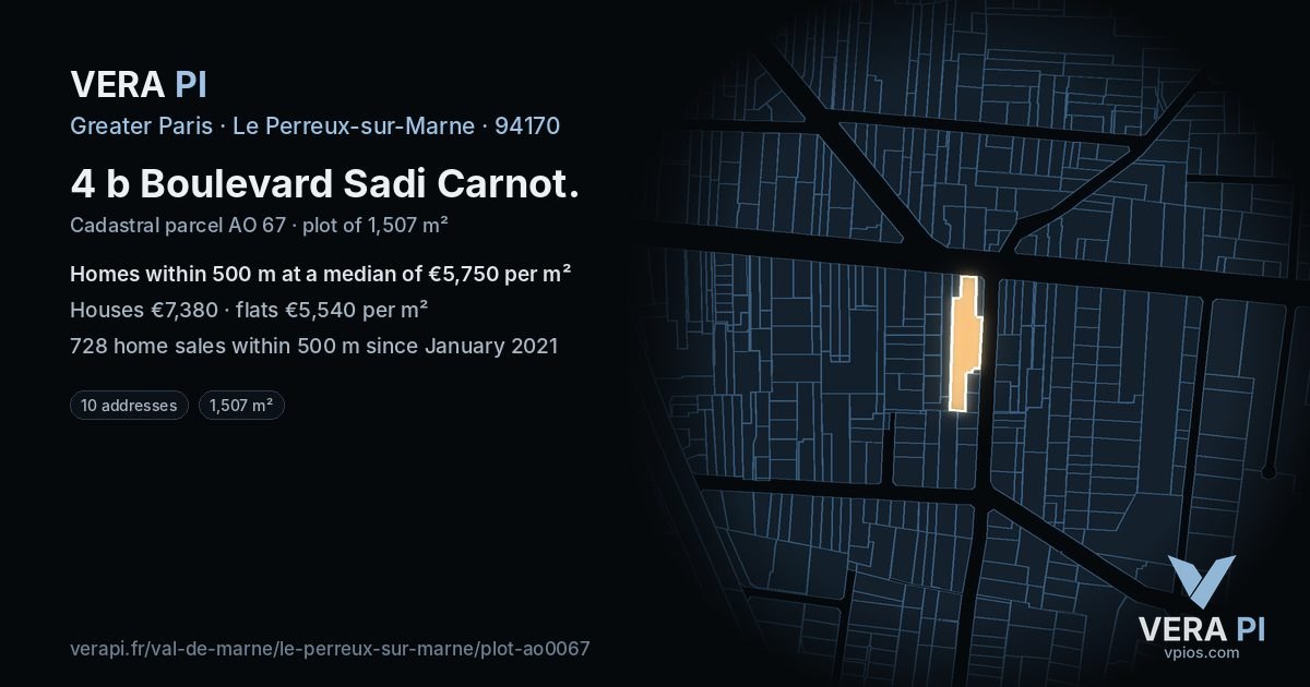 4 b Boulevard Sadi Carnot, Le Perreux-sur-Marne at night – the plot lit, the parcels around coloured by the prices near them