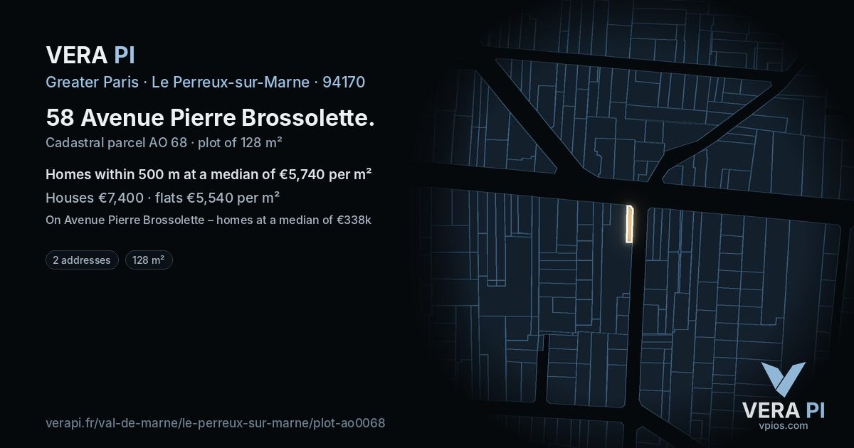 58 Avenue Pierre Brossolette, Le Perreux-sur-Marne at night – the plot lit, the parcels around coloured by the prices near them