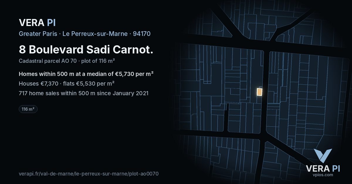 8 Boulevard Sadi Carnot, Le Perreux-sur-Marne at night – the plot lit, the parcels around coloured by the prices near them