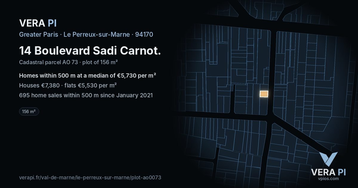14 Boulevard Sadi Carnot, Le Perreux-sur-Marne at night – the plot lit, the parcels around coloured by the prices near them