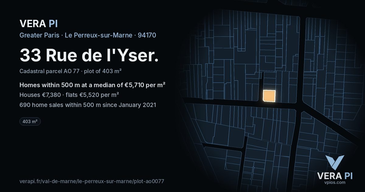 33 Rue de l'Yser, Le Perreux-sur-Marne at night – the plot lit, the parcels around coloured by the prices near them