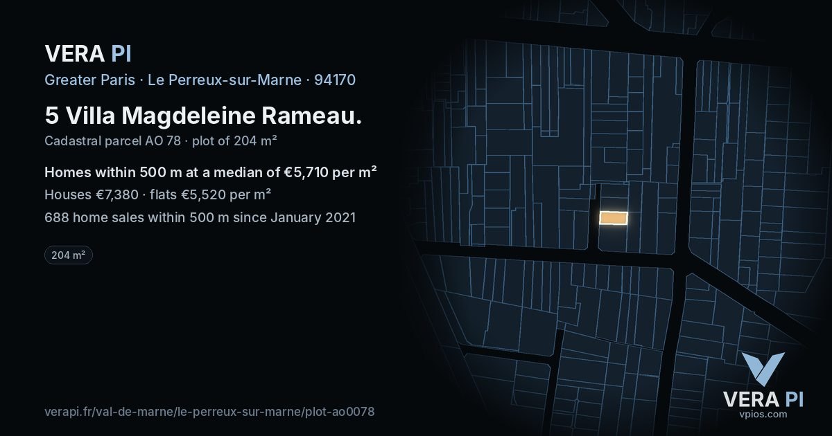 5 Villa Magdeleine Rameau, Le Perreux-sur-Marne at night – the plot lit, the parcels around coloured by the prices near them