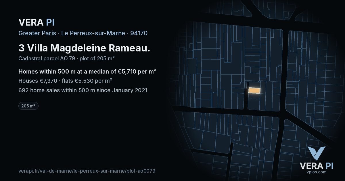 3 Villa Magdeleine Rameau, Le Perreux-sur-Marne at night – the plot lit, the parcels around coloured by the prices near them