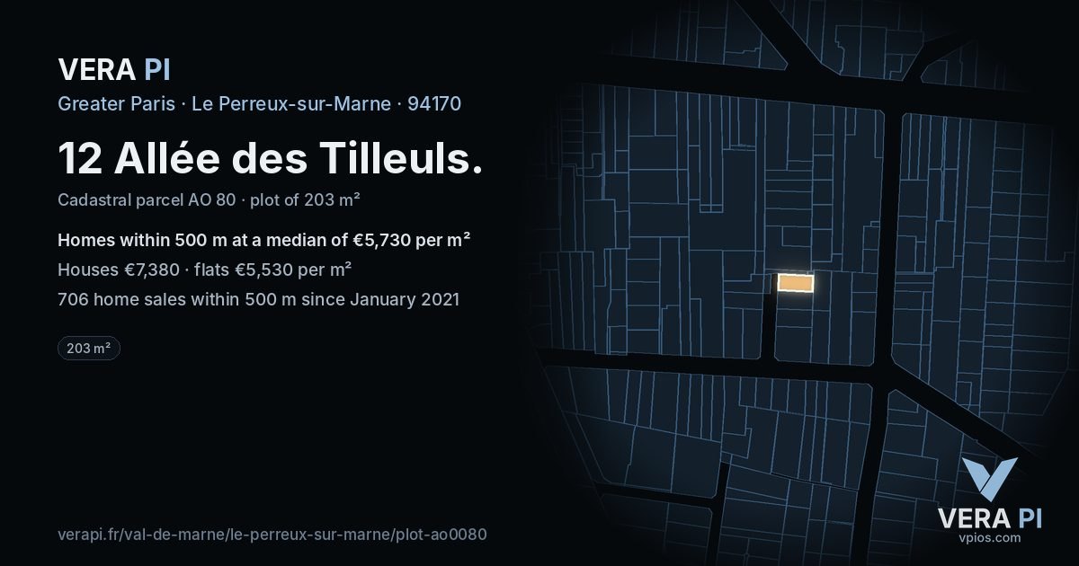 12 Allée des Tilleuls, Le Perreux-sur-Marne at night – the plot lit, the parcels around coloured by the prices near them