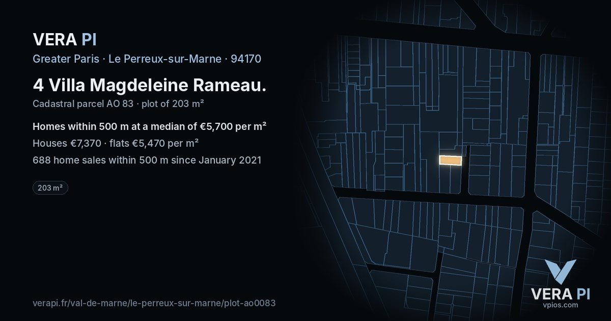 4 Villa Magdeleine Rameau, Le Perreux-sur-Marne at night – the plot lit, the parcels around coloured by the prices near them
