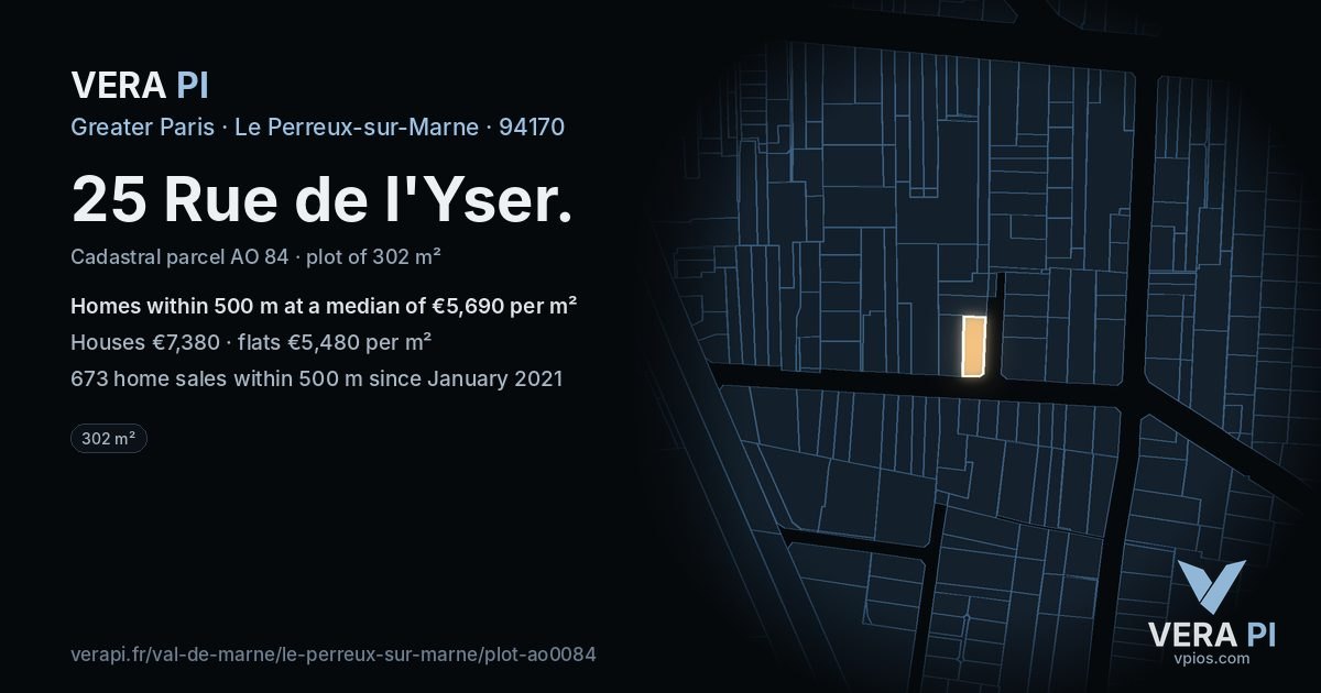 25 Rue de l'Yser, Le Perreux-sur-Marne at night – the plot lit, the parcels around coloured by the prices near them