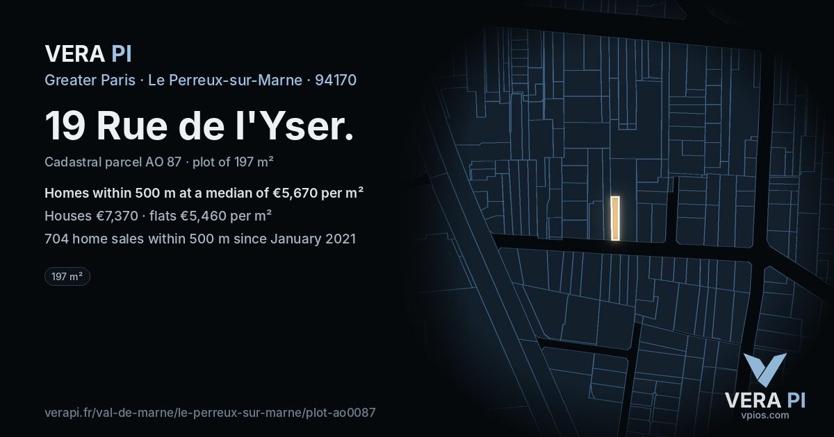 19 Rue de l'Yser, Le Perreux-sur-Marne at night – the plot lit, the parcels around coloured by the prices near them