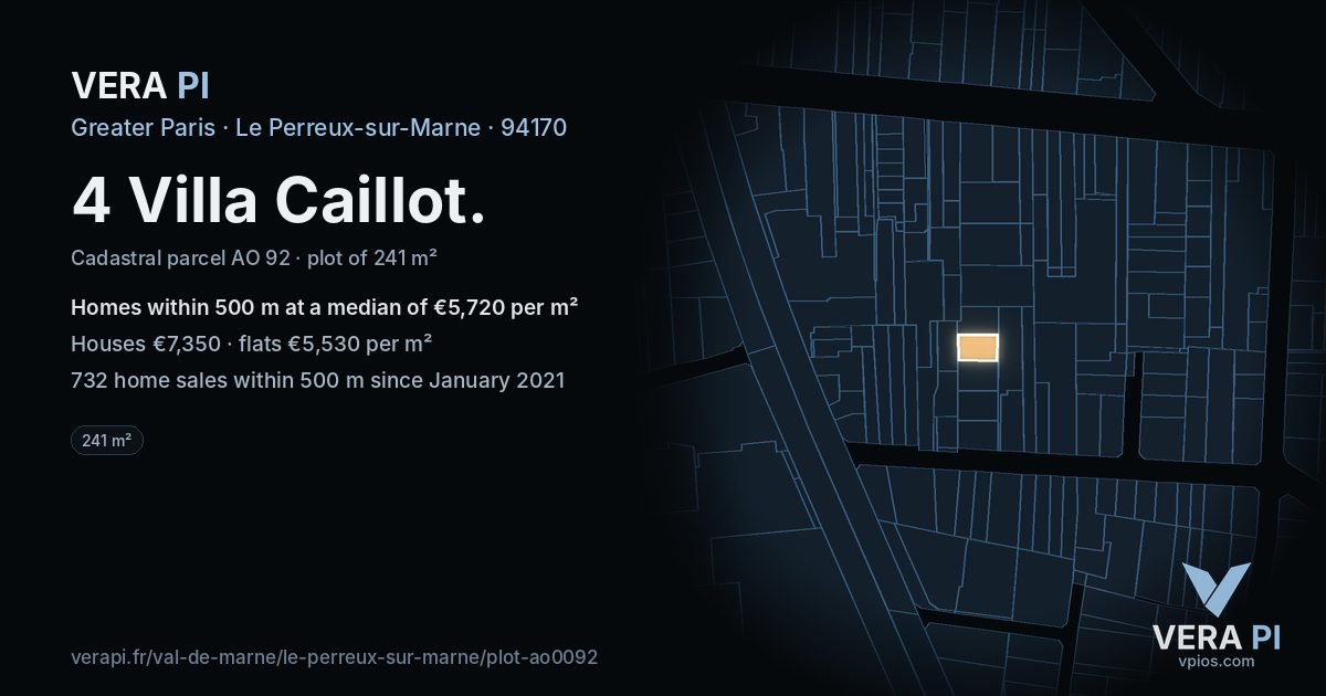 4 Villa Caillot, Le Perreux-sur-Marne at night – the plot lit, the parcels around coloured by the prices near them