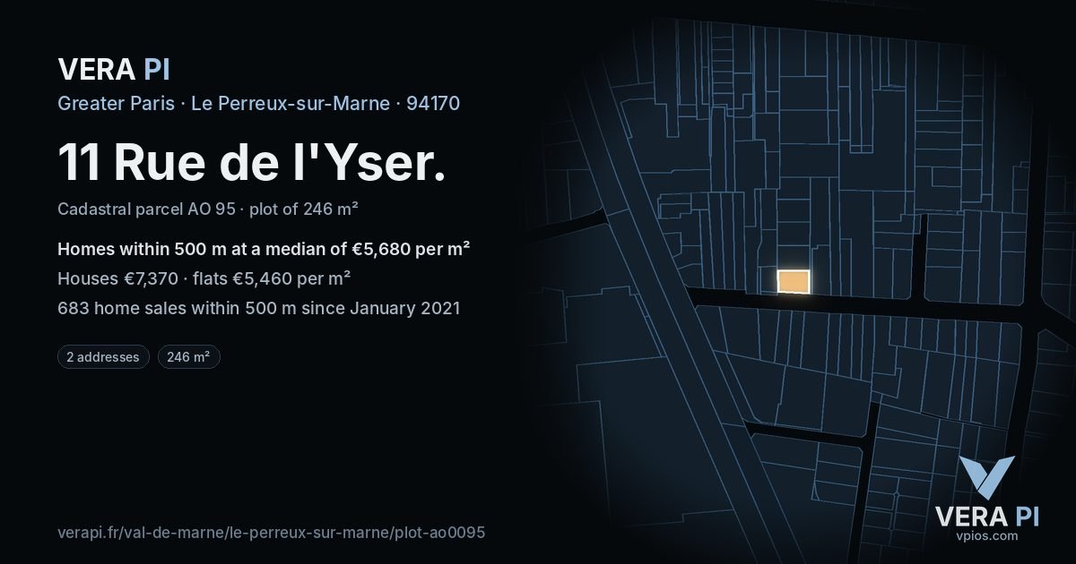 11 Rue de l'Yser, Le Perreux-sur-Marne at night – the plot lit, the parcels around coloured by the prices near them