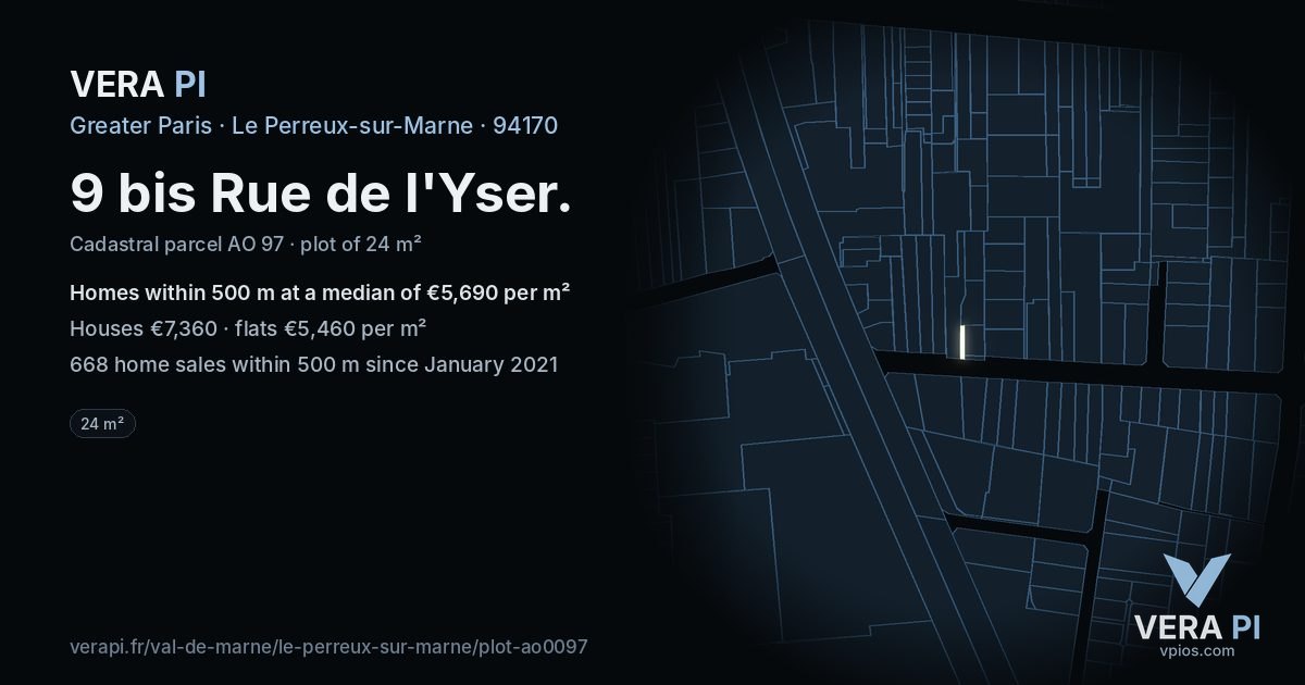 9 bis Rue de l'Yser, Le Perreux-sur-Marne at night – the plot lit, the parcels around coloured by the prices near them
