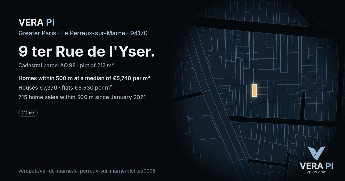 9 ter Rue de l'Yser, Le Perreux-sur-Marne at night – the plot lit, the parcels around coloured by the prices near them
