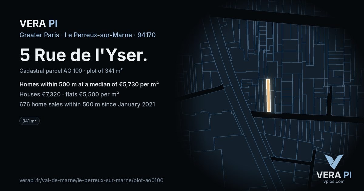 5 Rue de l'Yser, Le Perreux-sur-Marne at night – the plot lit, the parcels around coloured by the prices near them