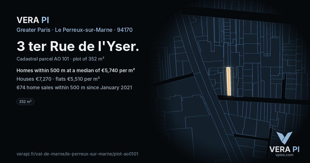 3 ter Rue de l'Yser, Le Perreux-sur-Marne at night – the plot lit, the parcels around coloured by the prices near them