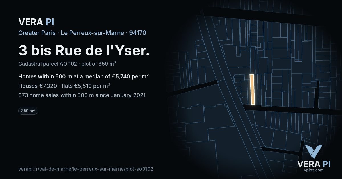 3 bis Rue de l'Yser, Le Perreux-sur-Marne at night – the plot lit, the parcels around coloured by the prices near them