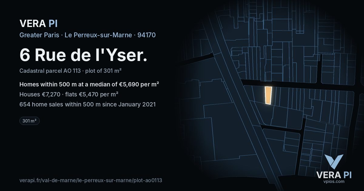 6 Rue de l'Yser, Le Perreux-sur-Marne at night – the plot lit, the parcels around coloured by the prices near them