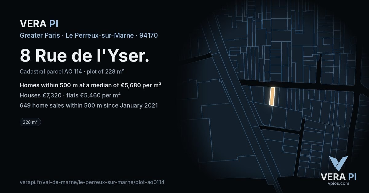 8 Rue de l'Yser, Le Perreux-sur-Marne at night – the plot lit, the parcels around coloured by the prices near them