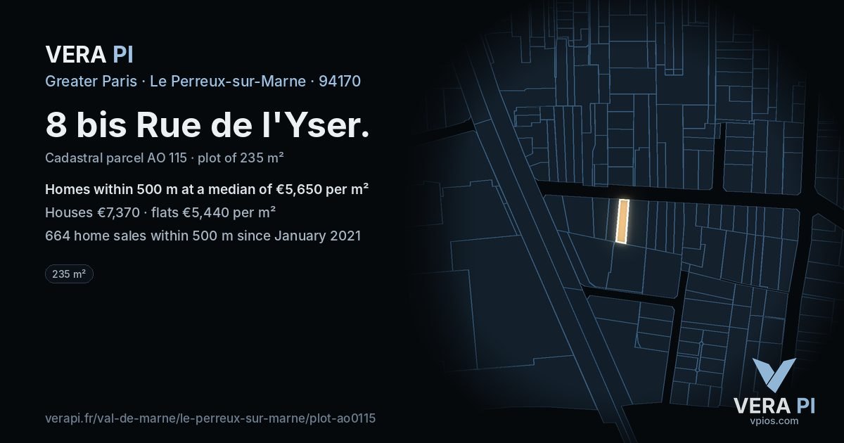 8 bis Rue de l'Yser, Le Perreux-sur-Marne at night – the plot lit, the parcels around coloured by the prices near them