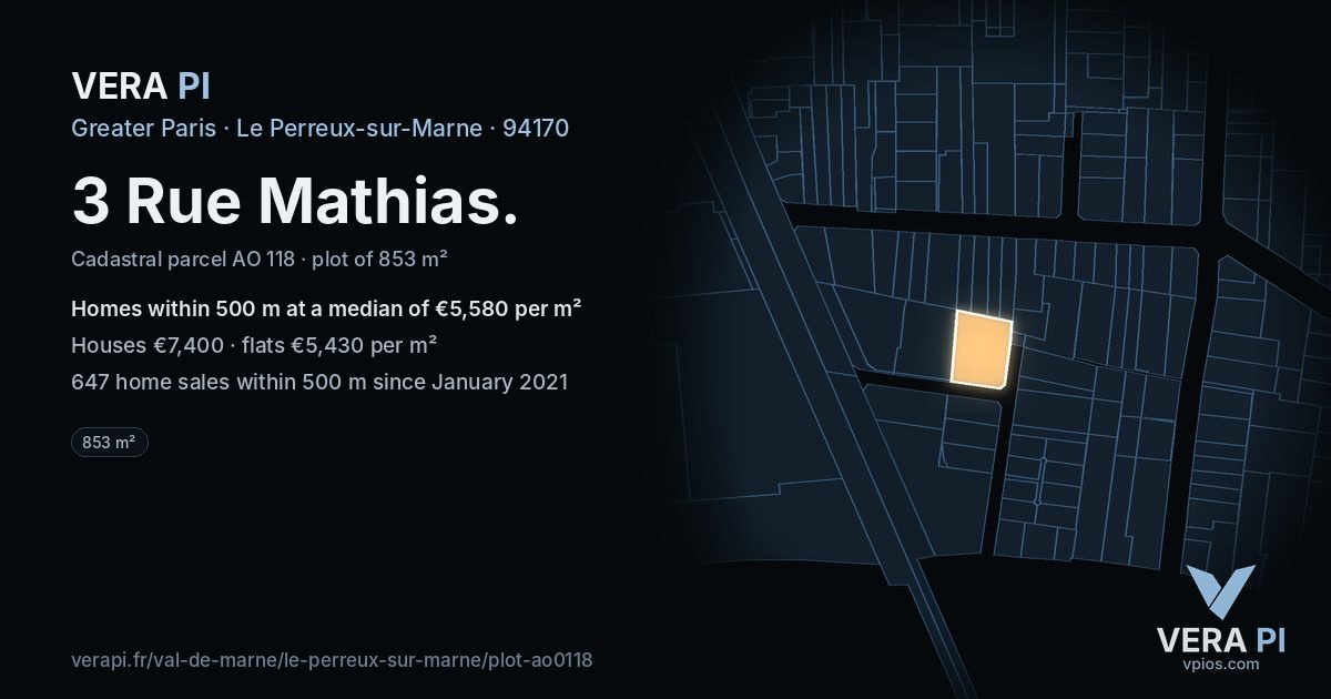 3 Rue Mathias, Le Perreux-sur-Marne at night – the plot lit, the parcels around coloured by the prices near them
