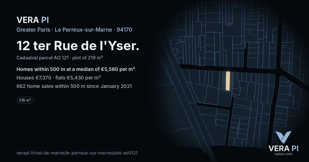 12 ter Rue de l'Yser, Le Perreux-sur-Marne at night – the plot lit, the parcels around coloured by the prices near them