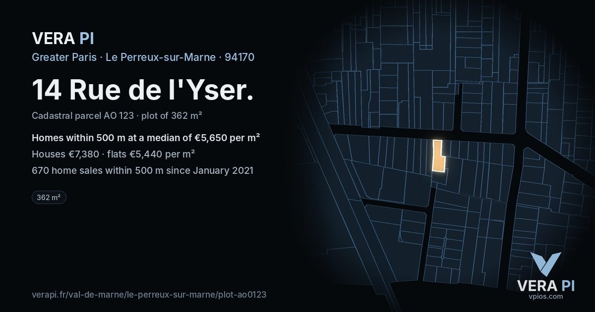 14 Rue de l'Yser, Le Perreux-sur-Marne at night – the plot lit, the parcels around coloured by the prices near them