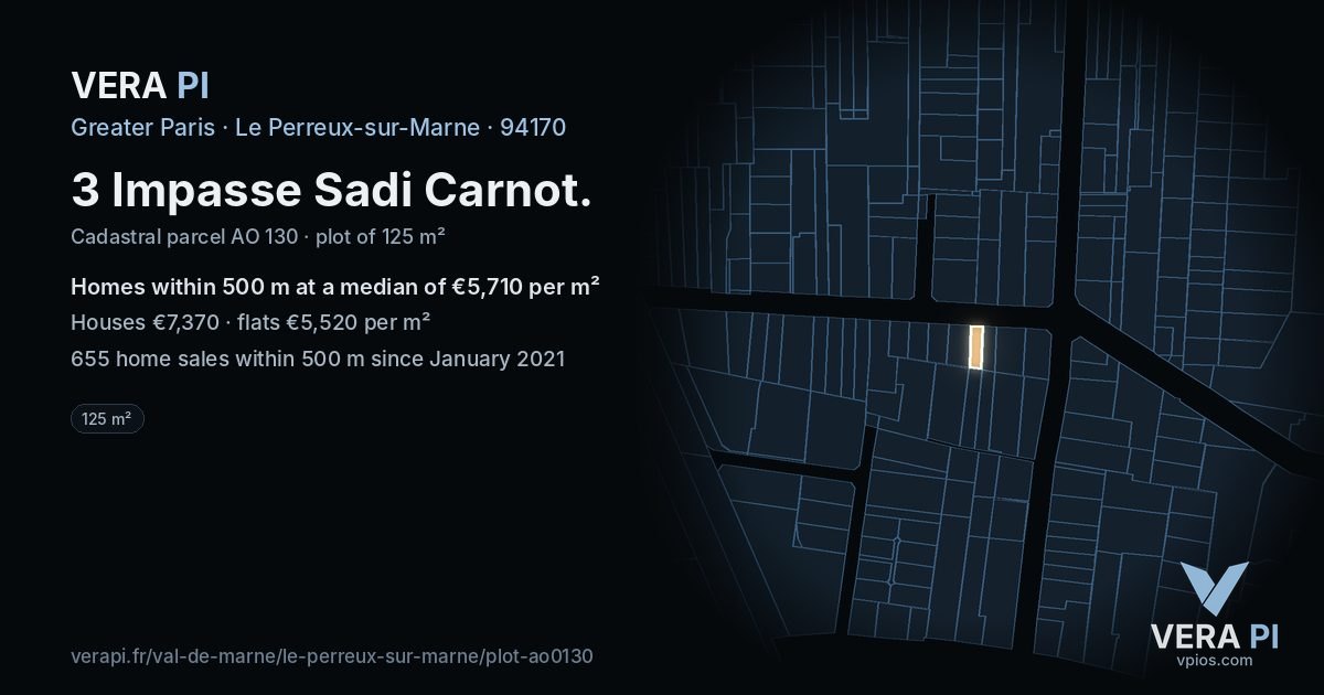 3 Impasse Sadi Carnot, Le Perreux-sur-Marne at night – the plot lit, the parcels around coloured by the prices near them