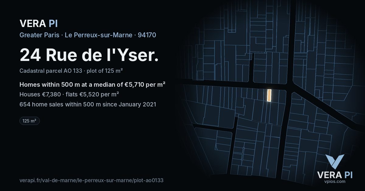 24 Rue de l'Yser, Le Perreux-sur-Marne at night – the plot lit, the parcels around coloured by the prices near them