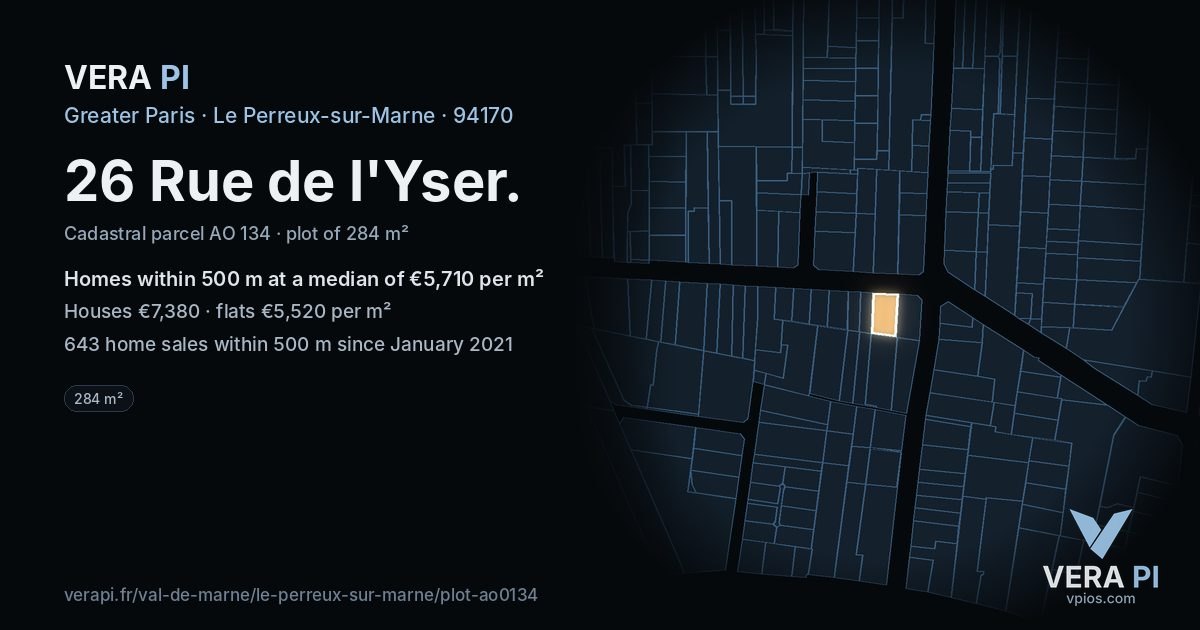 26 Rue de l'Yser, Le Perreux-sur-Marne at night – the plot lit, the parcels around coloured by the prices near them