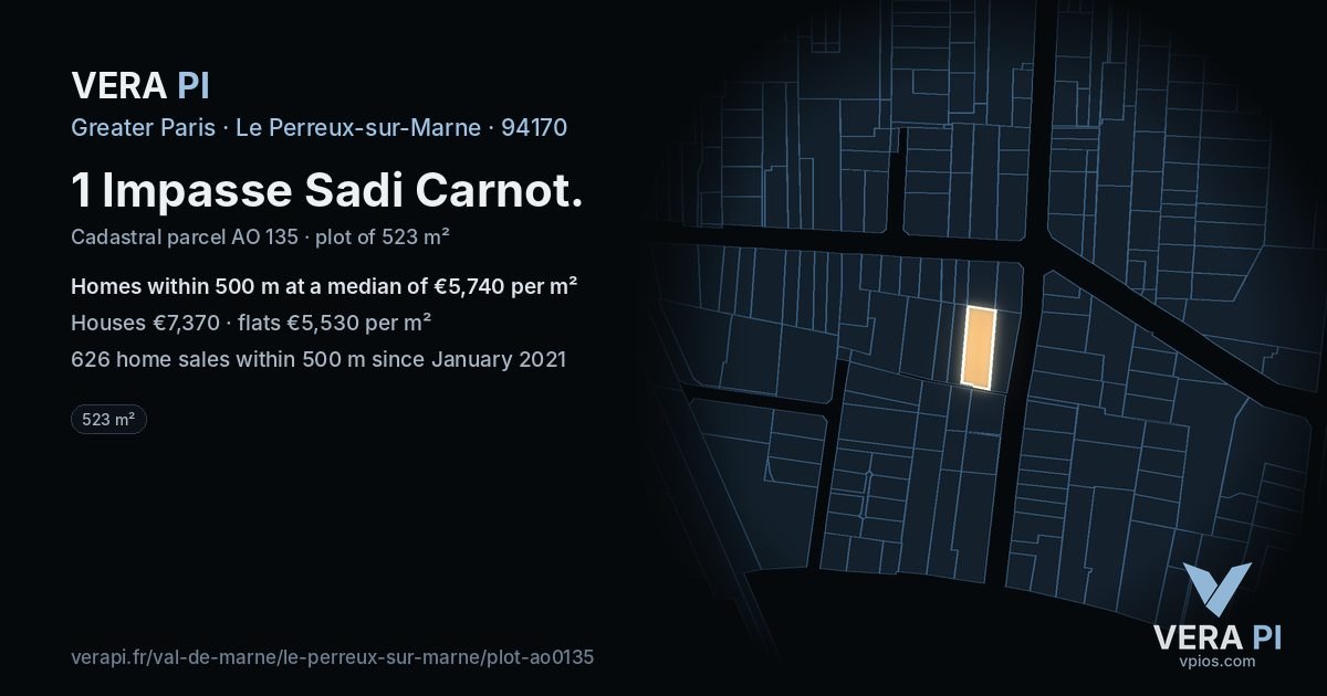 1 Impasse Sadi Carnot, Le Perreux-sur-Marne at night – the plot lit, the parcels around coloured by the prices near them