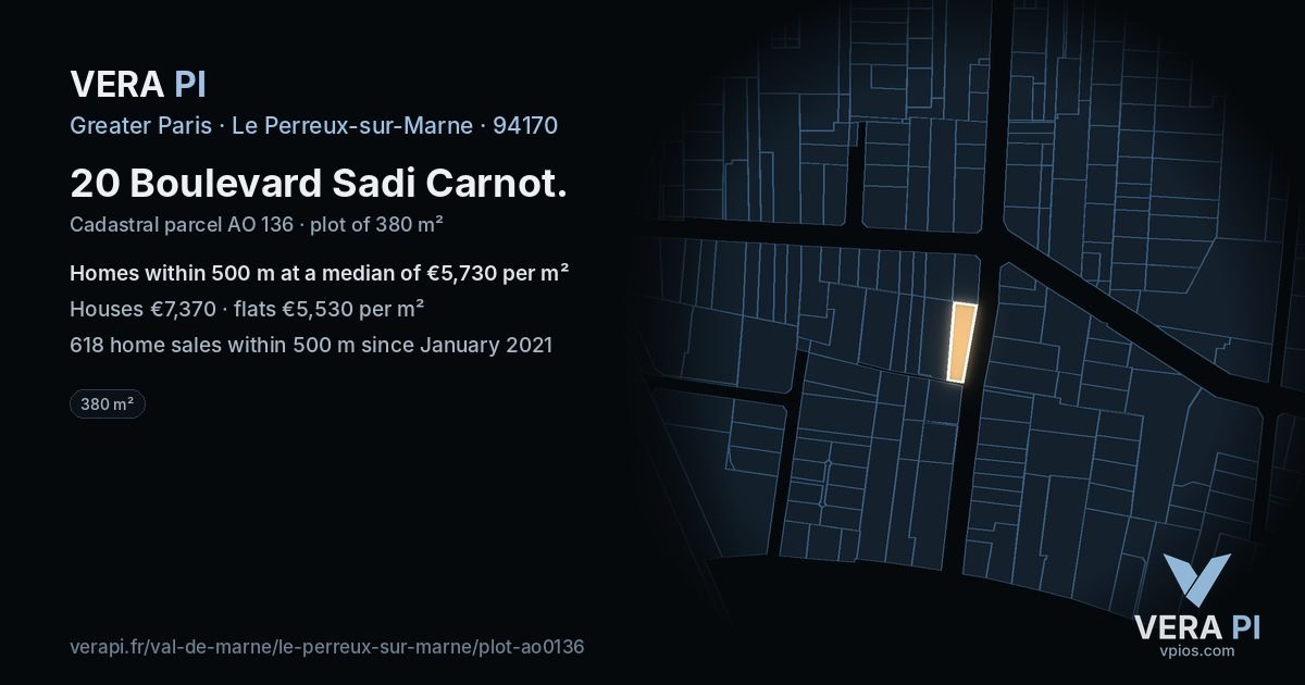 20 Boulevard Sadi Carnot, Le Perreux-sur-Marne at night – the plot lit, the parcels around coloured by the prices near them