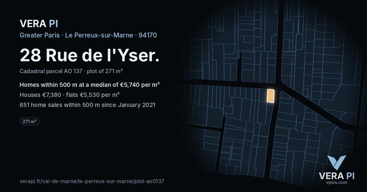 28 Rue de l'Yser, Le Perreux-sur-Marne at night – the plot lit, the parcels around coloured by the prices near them