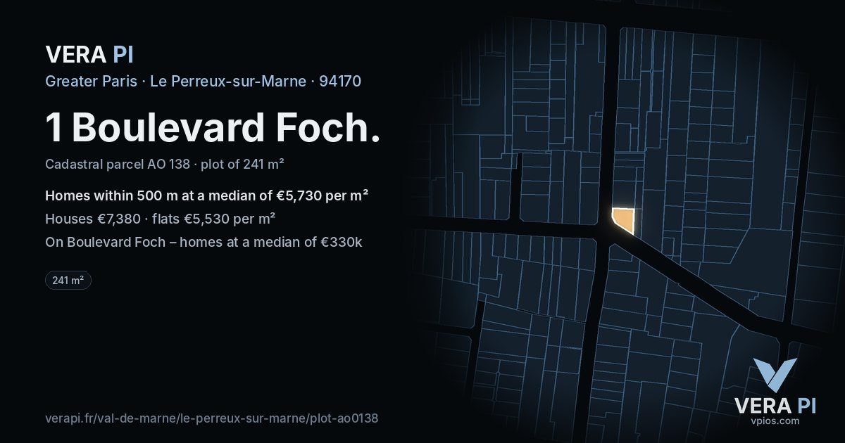 1 Boulevard Foch, Le Perreux-sur-Marne at night – the plot lit, the parcels around coloured by the prices near them