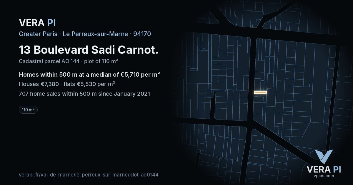 13 Boulevard Sadi Carnot, Le Perreux-sur-Marne at night – the plot lit, the parcels around coloured by the prices near them