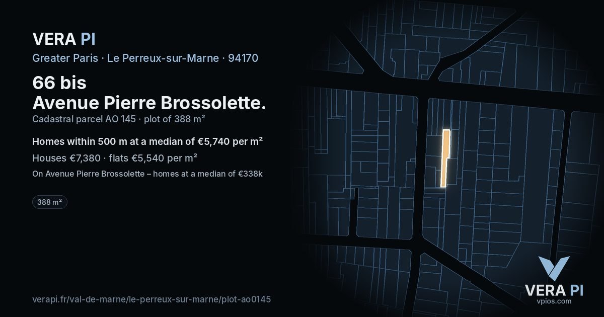 66 bis Avenue Pierre Brossolette, Le Perreux-sur-Marne at night – the plot lit, the parcels around coloured by the prices near them