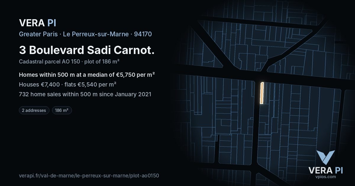 3 Boulevard Sadi Carnot, Le Perreux-sur-Marne at night – the plot lit, the parcels around coloured by the prices near them