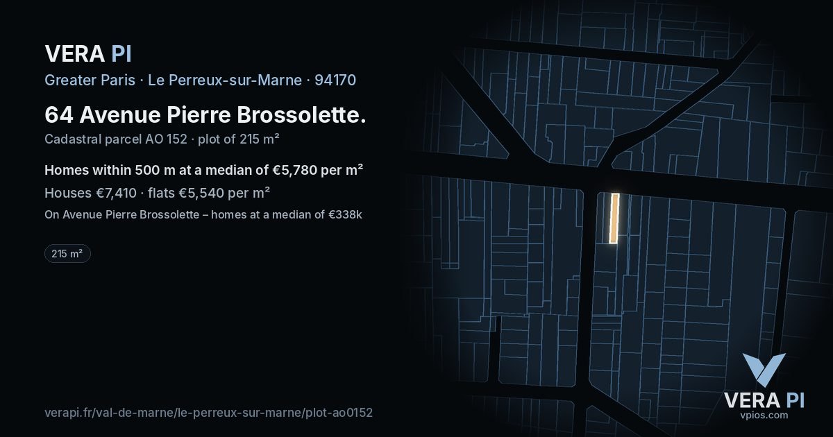 64 Avenue Pierre Brossolette, Le Perreux-sur-Marne at night – the plot lit, the parcels around coloured by the prices near them