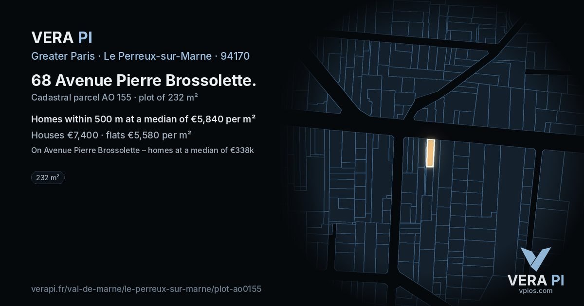 68 Avenue Pierre Brossolette, Le Perreux-sur-Marne at night – the plot lit, the parcels around coloured by the prices near them