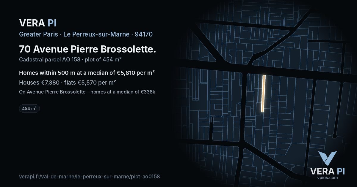 70 Avenue Pierre Brossolette, Le Perreux-sur-Marne at night – the plot lit, the parcels around coloured by the prices near them