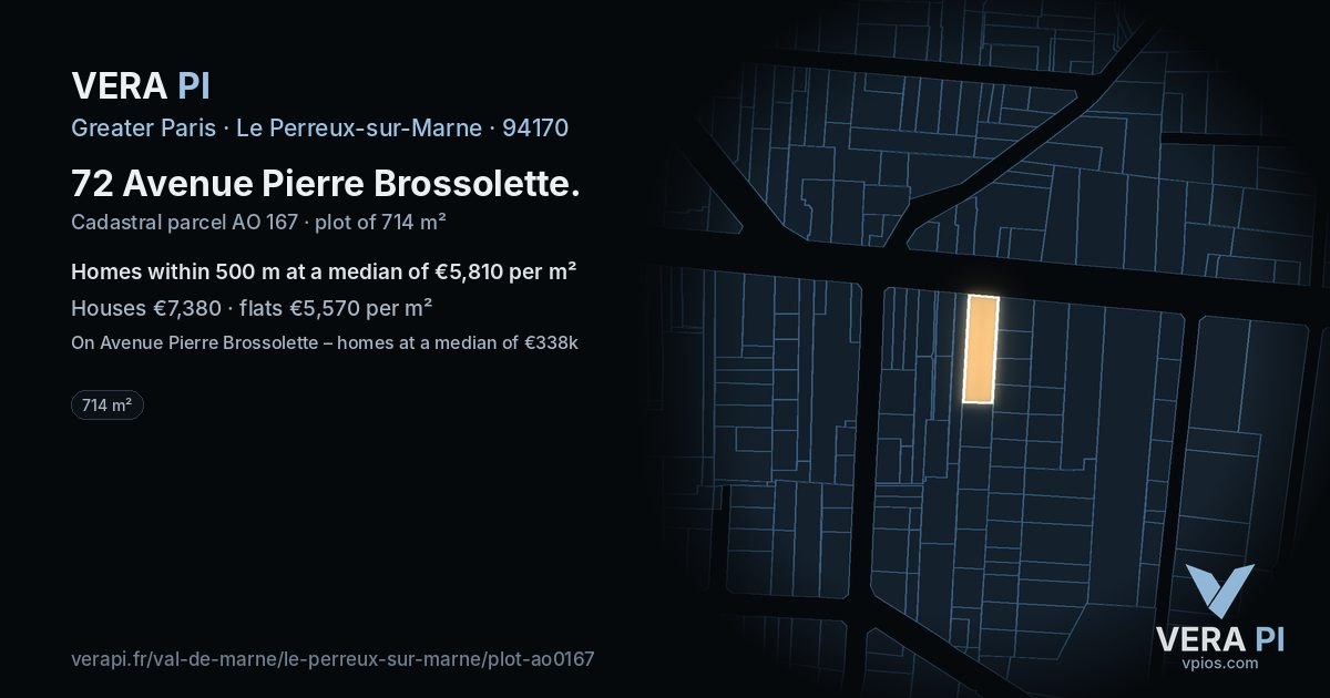 72 Avenue Pierre Brossolette, Le Perreux-sur-Marne at night – the plot lit, the parcels around coloured by the prices near them
