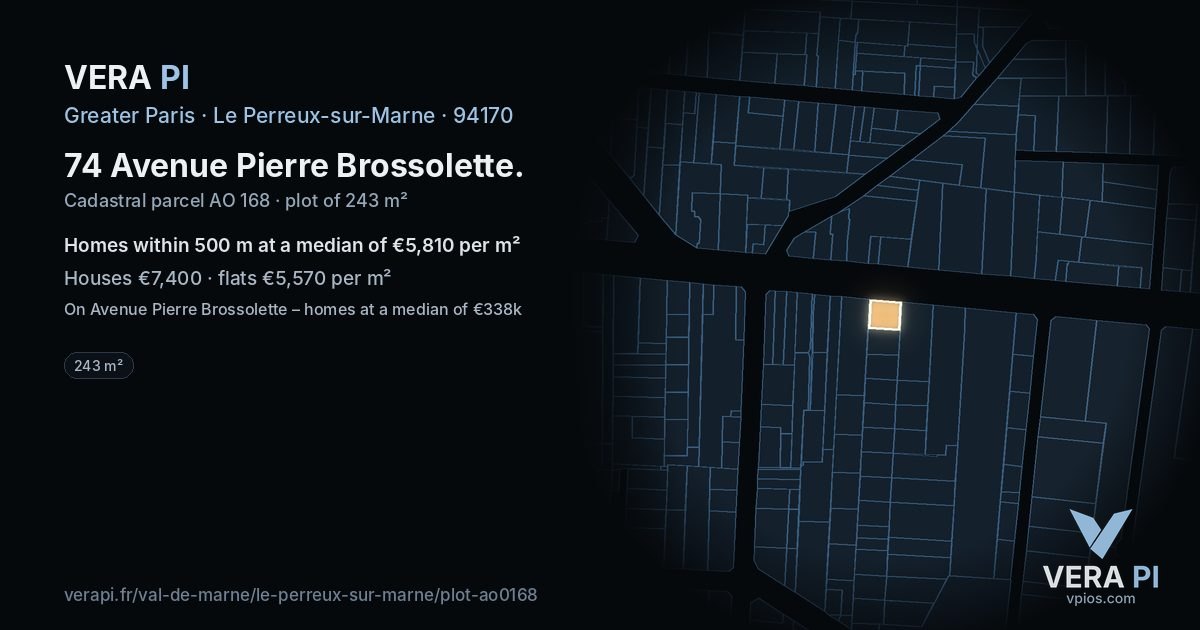74 Avenue Pierre Brossolette, Le Perreux-sur-Marne at night – the plot lit, the parcels around coloured by the prices near them