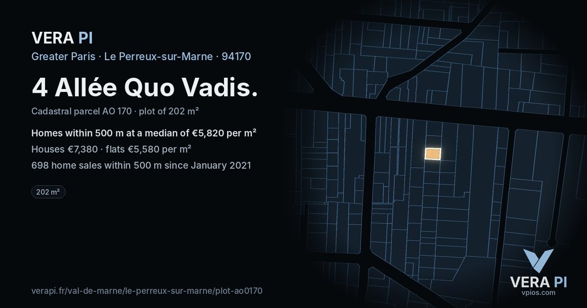 4 Allée Quo Vadis, Le Perreux-sur-Marne at night – the plot lit, the parcels around coloured by the prices near them