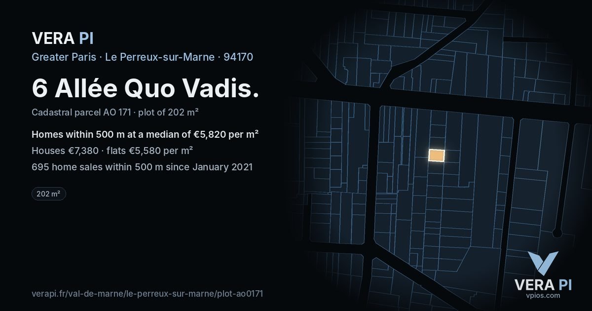 6 Allée Quo Vadis, Le Perreux-sur-Marne at night – the plot lit, the parcels around coloured by the prices near them